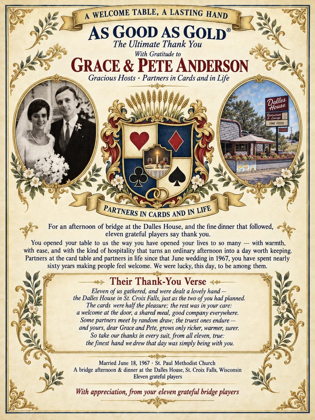 An AS GOOD AS GOLD Ultimate Thank You tribute to Grace and Pete Anderson, gracious hosts of a bridge afternoon and dinner, with their 1967 wedding portrait and a crest of card suits and a welcoming table