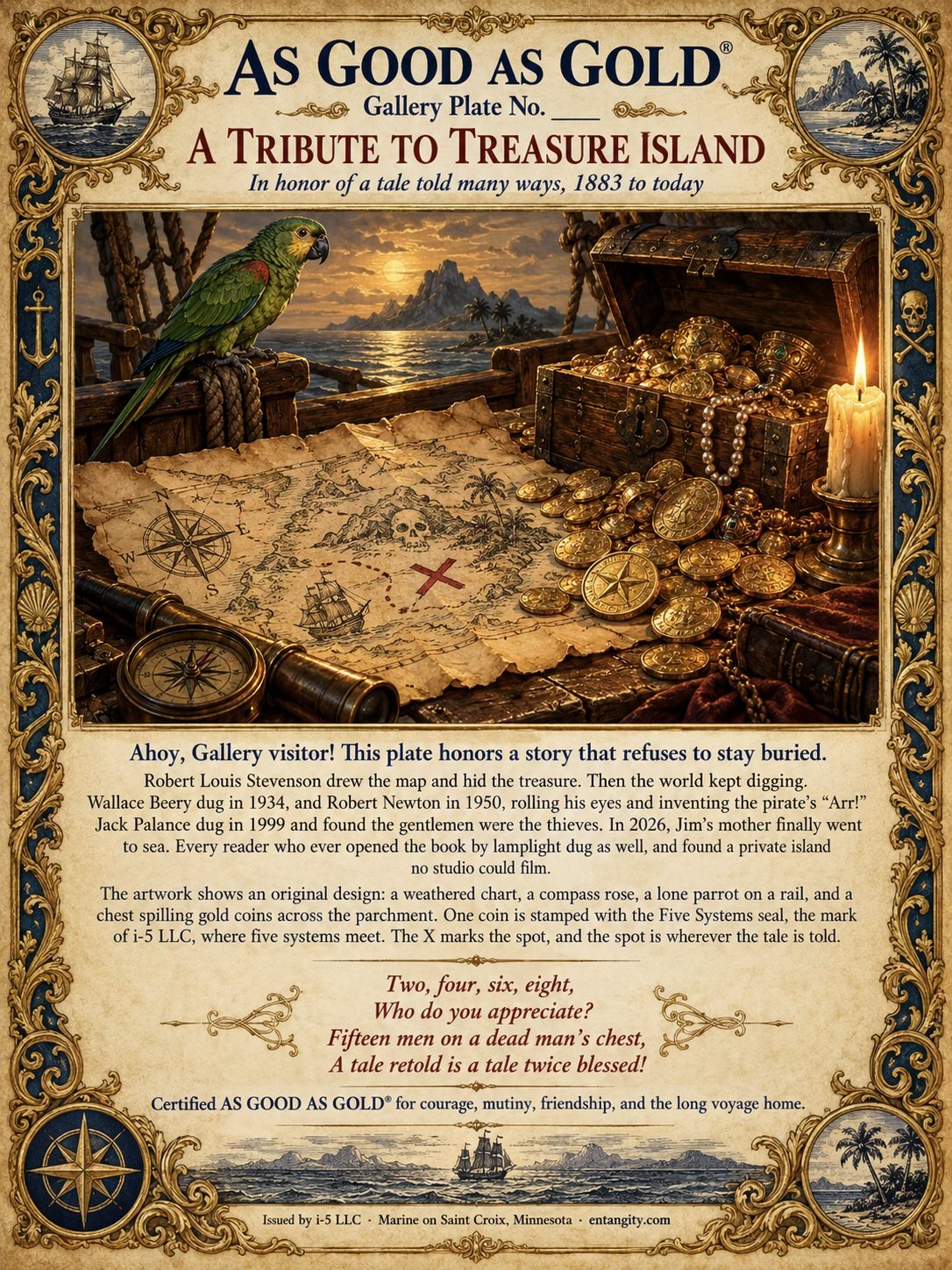 An AS GOOD AS GOLD Gallery Plate tribute to Treasure Island — original artwork of a weathered map, compass, parrot, and a chest of gold, honoring Robert Louis Stevenson's tale